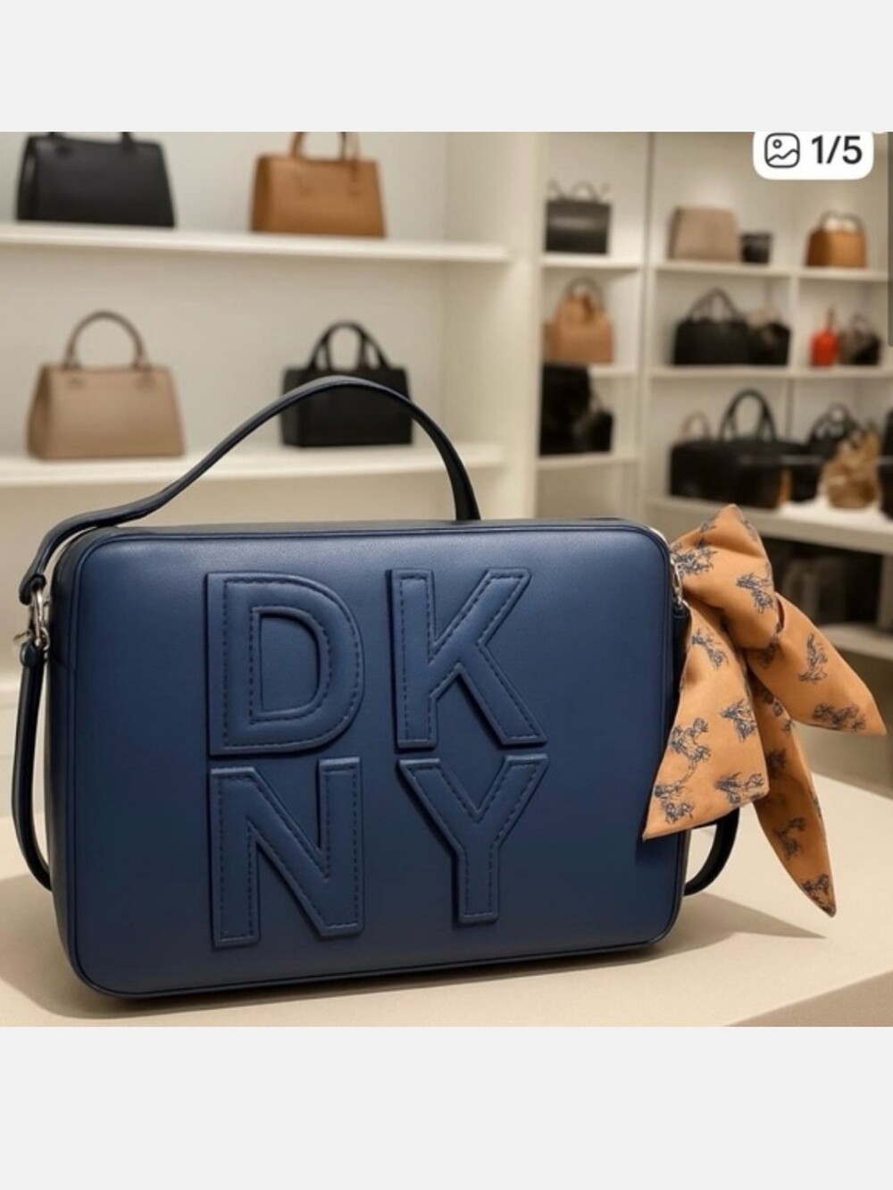 DKNY Navy Logo Crossbody Bag ⁃ Faux Leather Shoulder Bag with Scarf Detail